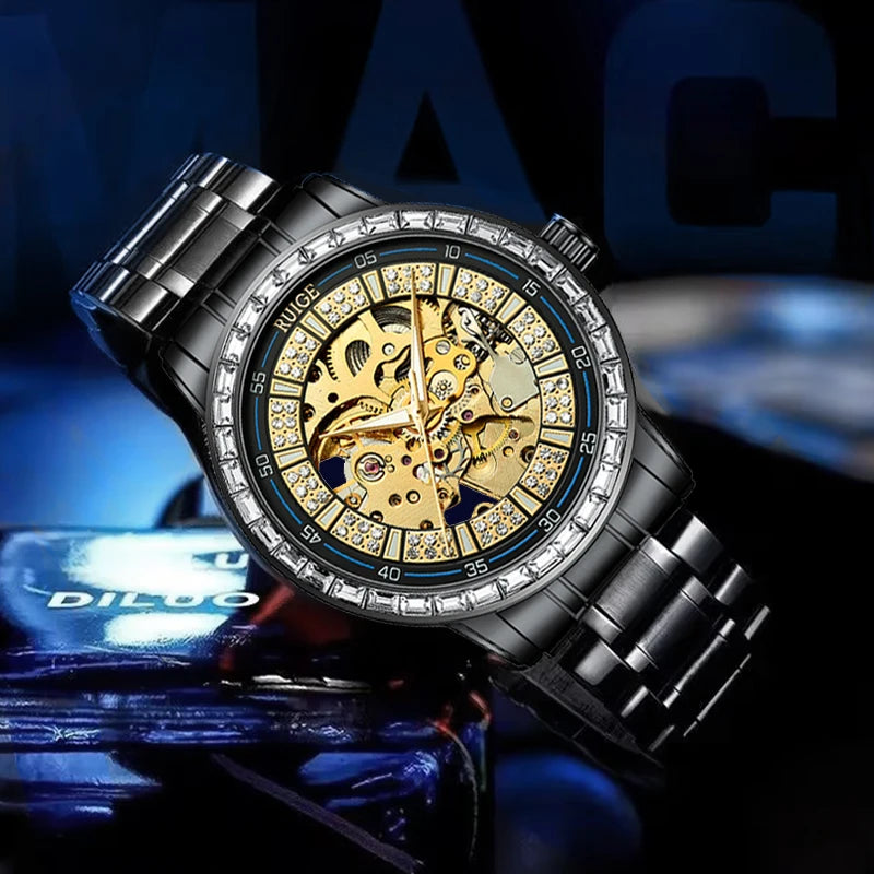 Luxury watch with visible brand name on a dark background