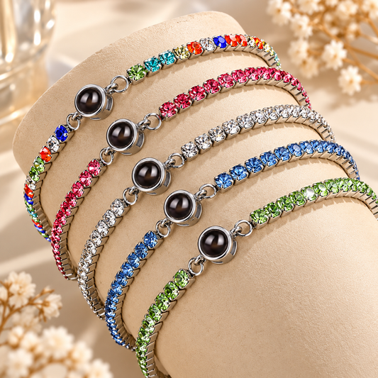 Stainless Steel Custom Photo Projection Bracelet with Colored Cubic Zirconia Diamonds