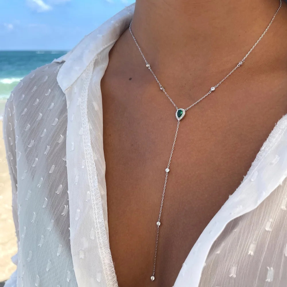 Emerald Green Teardrop Lariat Necklace Minimalist Y Drop Pendant for Women