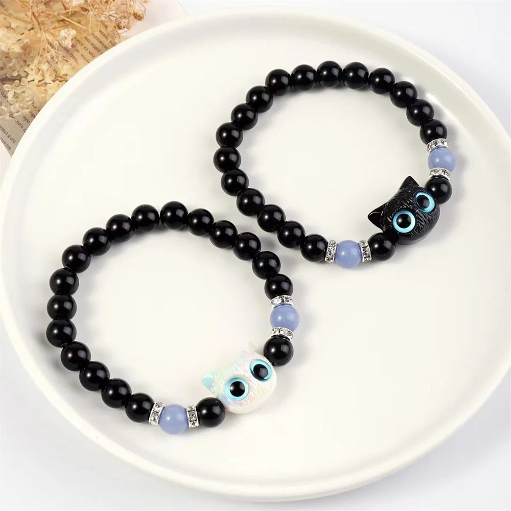 Fashion Luminous Beads Couple Bracelets with Glow-In-The-Dark Cat Charm