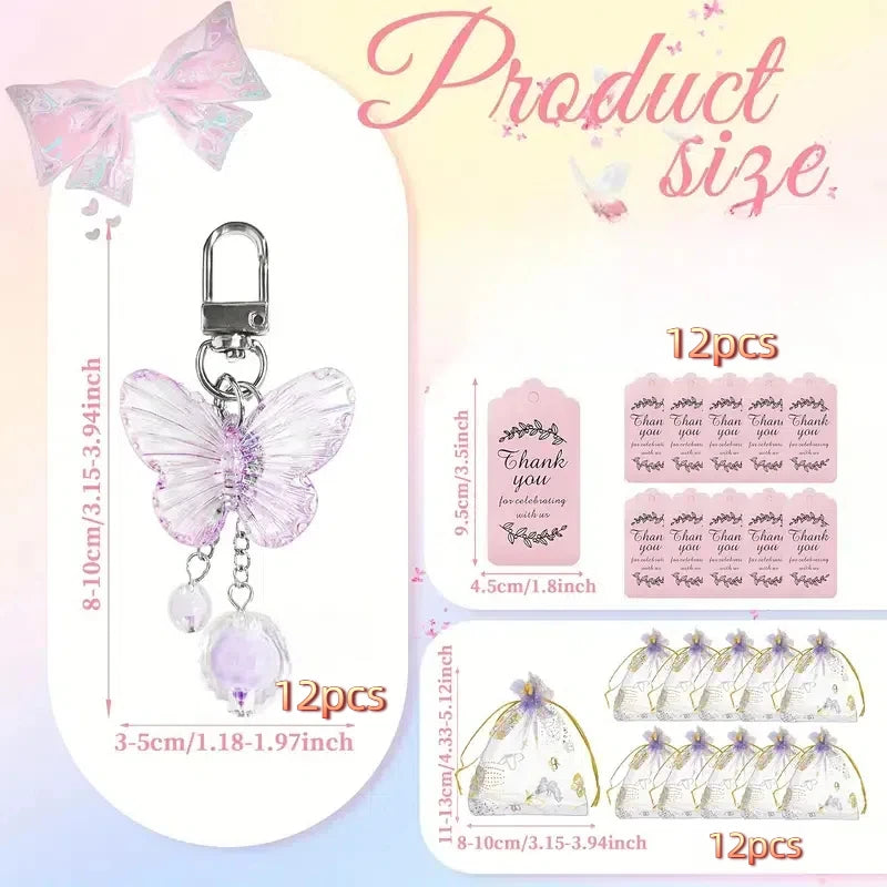 Butterfly keychain with product size details on a colorful background