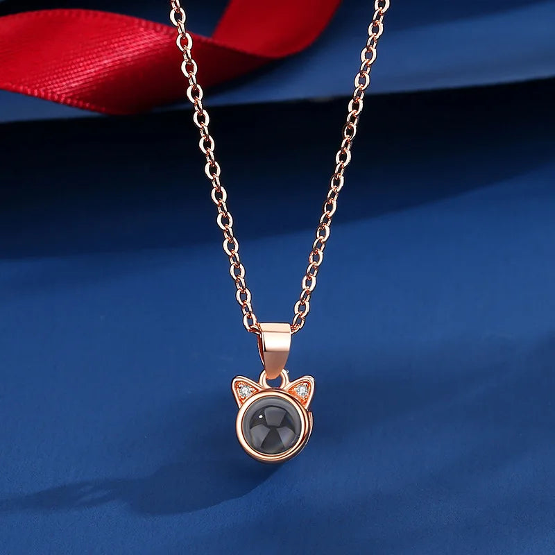 Custom Photo Projection Necklace Cat Zircon Ear Pendant