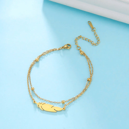 Simple Stainless Steel Feather & Red String Anklet