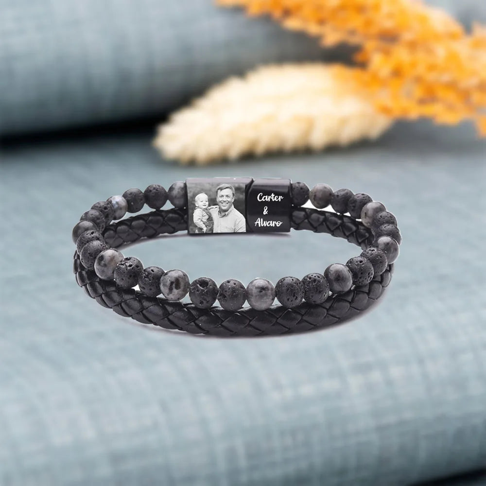 Personalize Men Photo Bracelets with Beads 2 Names