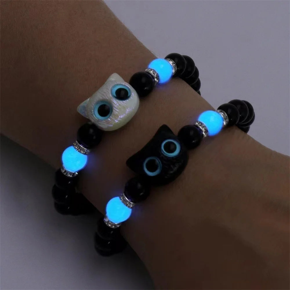 Fashion Luminous Beads Couple Bracelets with Glow-In-The-Dark Cat Charm