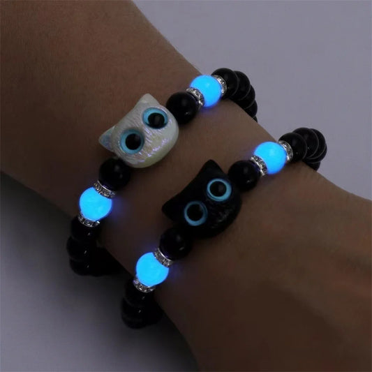 Fashion Luminous Beads Couple Bracelets with Glow-In-The-Dark Cat Charm