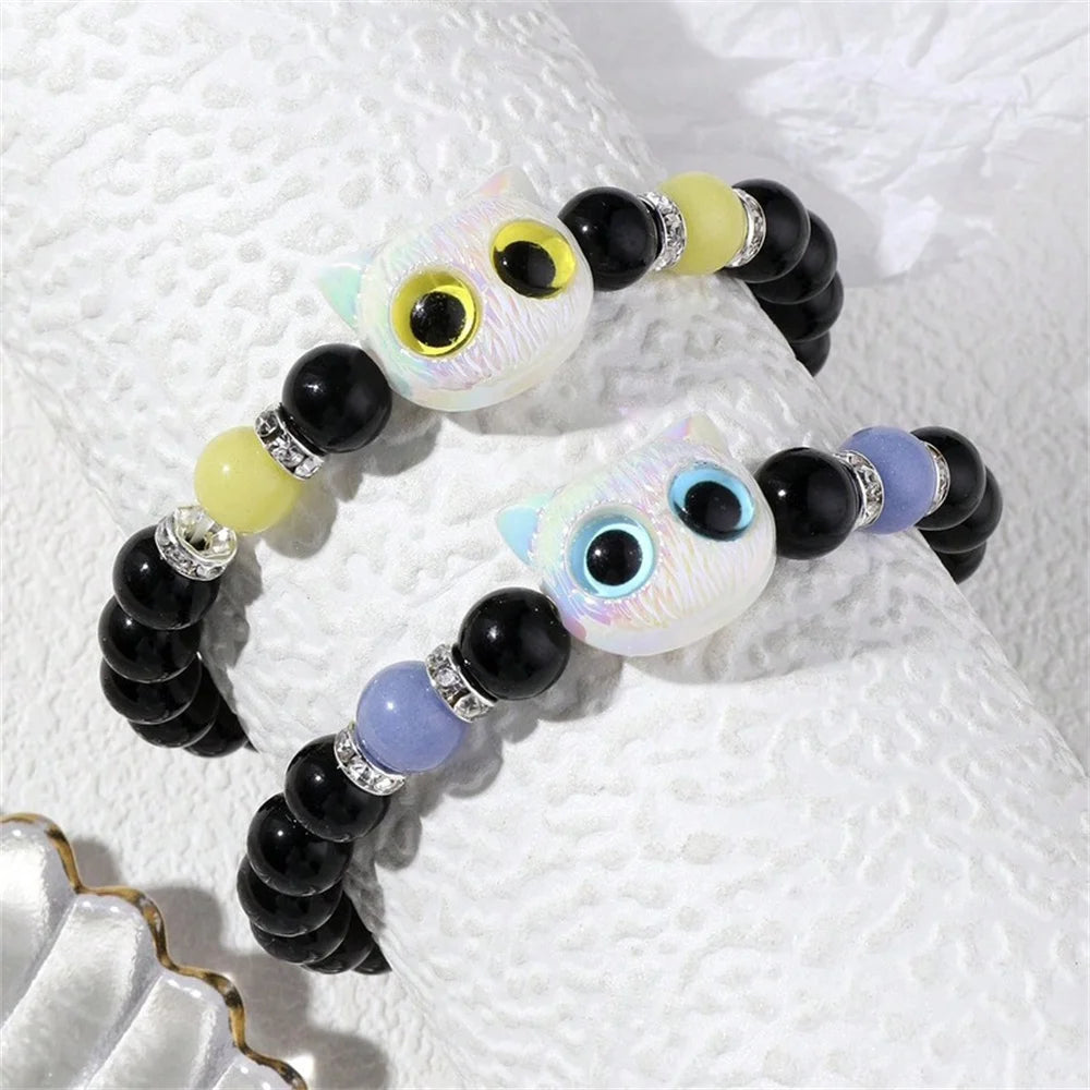 Fashion Luminous Beads Couple Bracelets with Glow-In-The-Dark Cat Charm