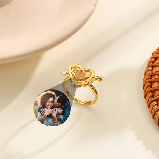 Custom Photo Projection Cupid Heart Ring - Resizable, Gold/Silver/Rose Gold