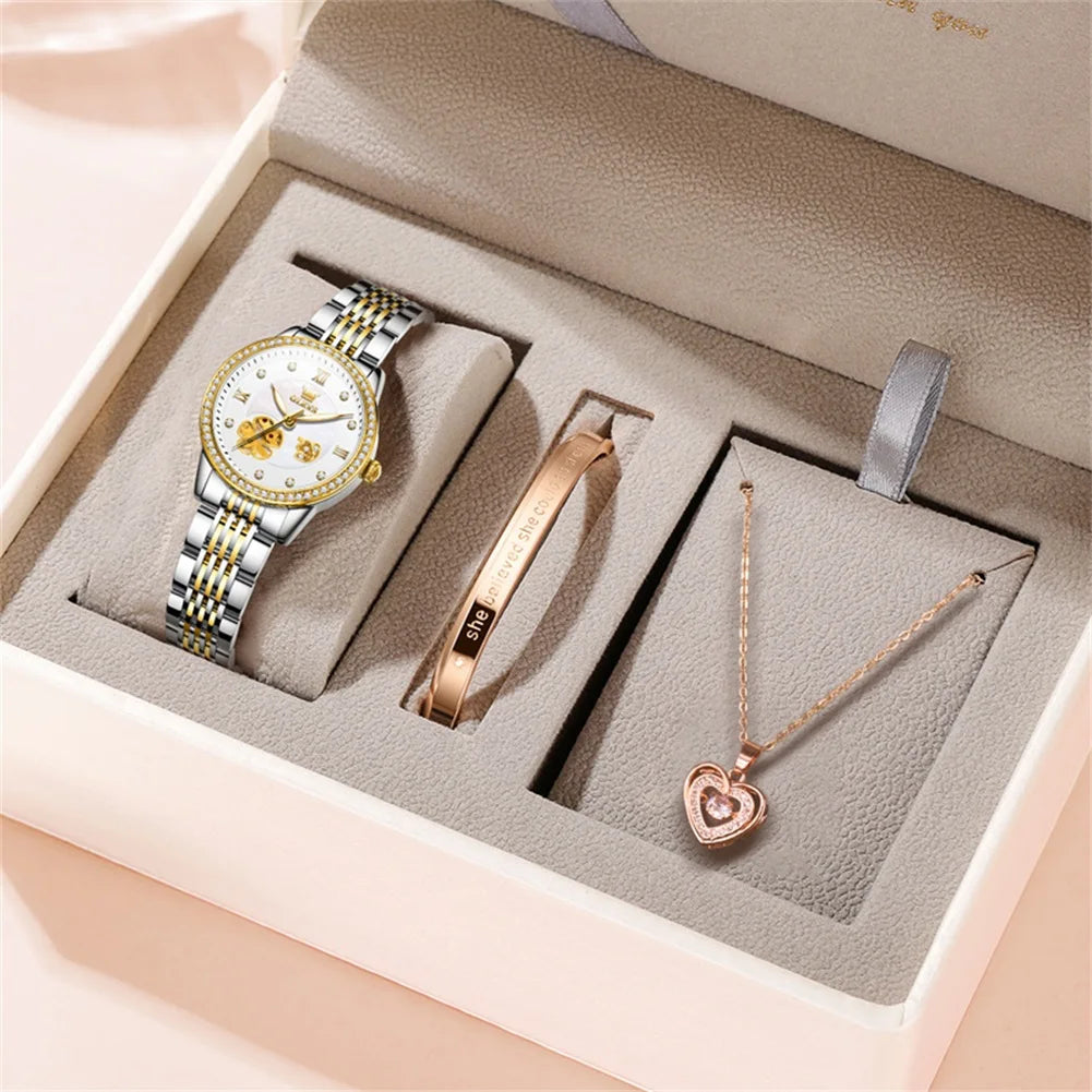 Elegant Women’s Automatic Hollow Flower Dial Watch Set
