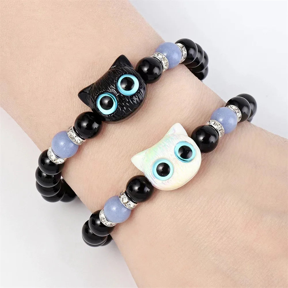 Fashion Luminous Beads Couple Bracelets with Glow-In-The-Dark Cat Charm