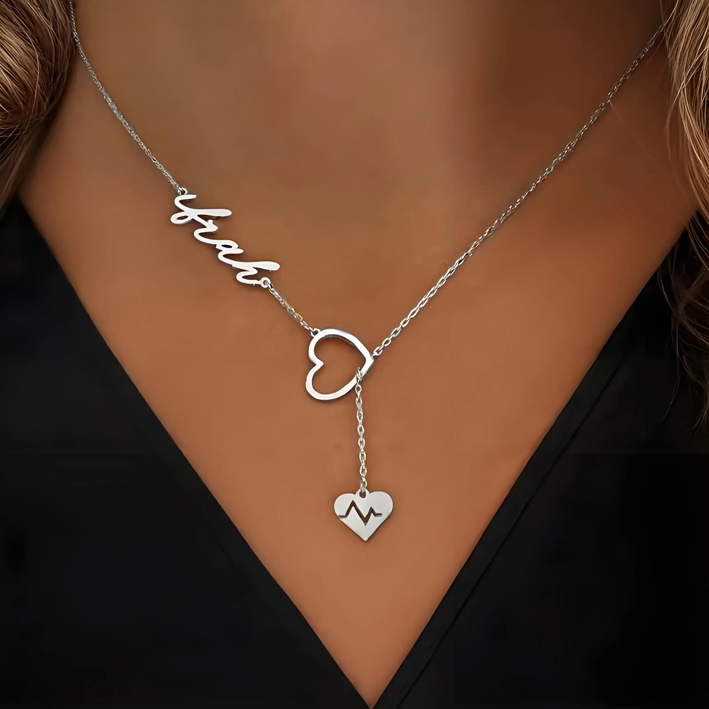 Personalized Couple Heartbeat Name Necklace – Custom Y-Shaped Chain Jewelry