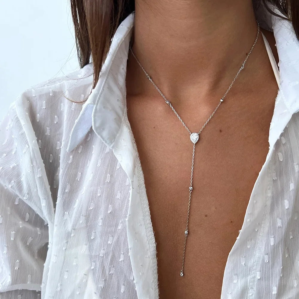 Emerald Green Teardrop Lariat Necklace Minimalist Y Drop Pendant for Women