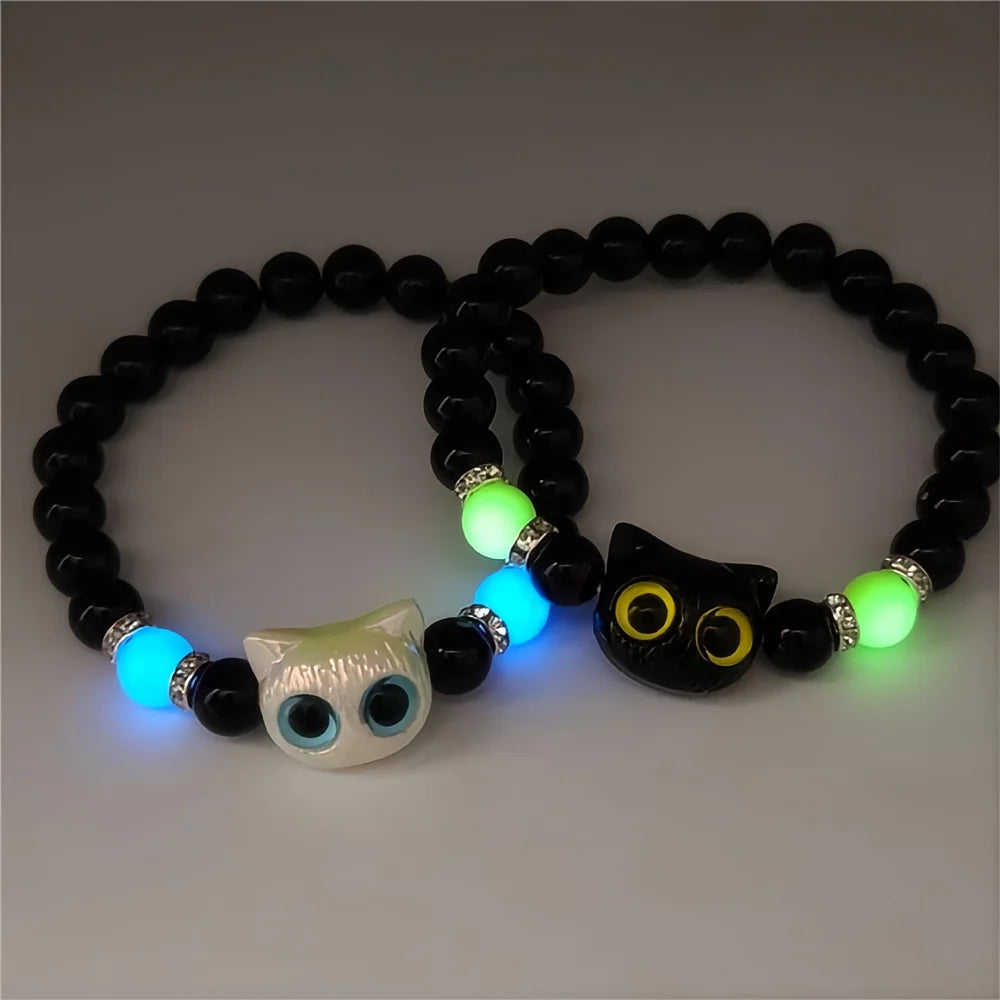 Fashion Luminous Beads Couple Bracelets with Glow-In-The-Dark Cat Charm