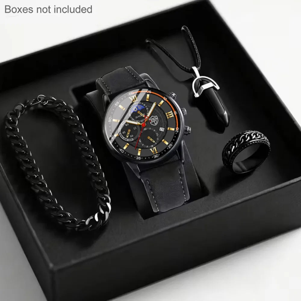 4-Piece Men’s Quartz Watch Set with PU Leather Straps