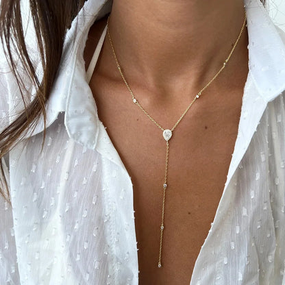 Emerald Green Teardrop Lariat Necklace Minimalist Y Drop Pendant for Women