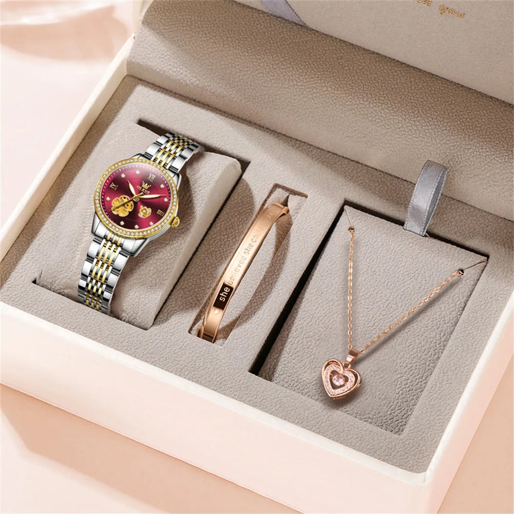Elegant Women’s Automatic Hollow Flower Dial Watch Set