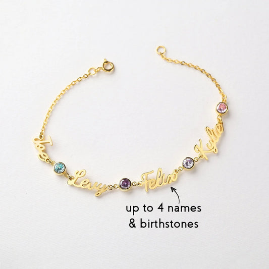 12 Months Birthstone Stainless Steel Multiple Name Bracelet