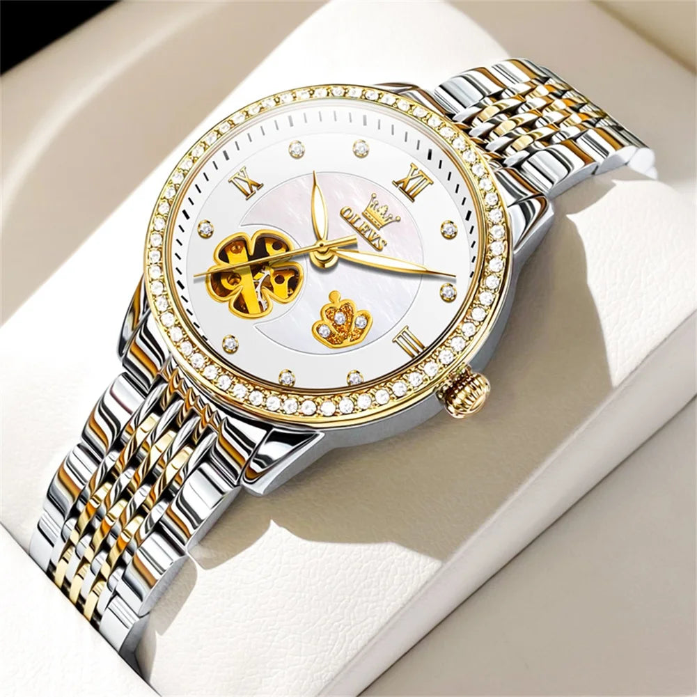 Elegant Women’s Automatic Hollow Flower Dial Watch Set