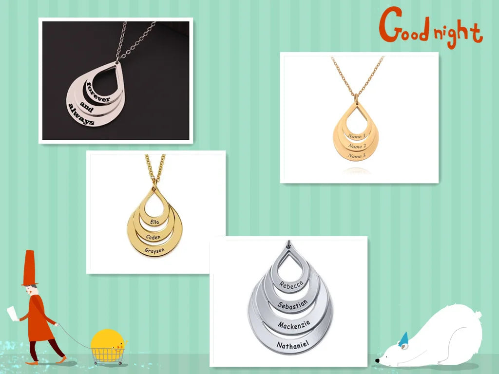 Water Drop Pendant Personalized Engrave 4 Names