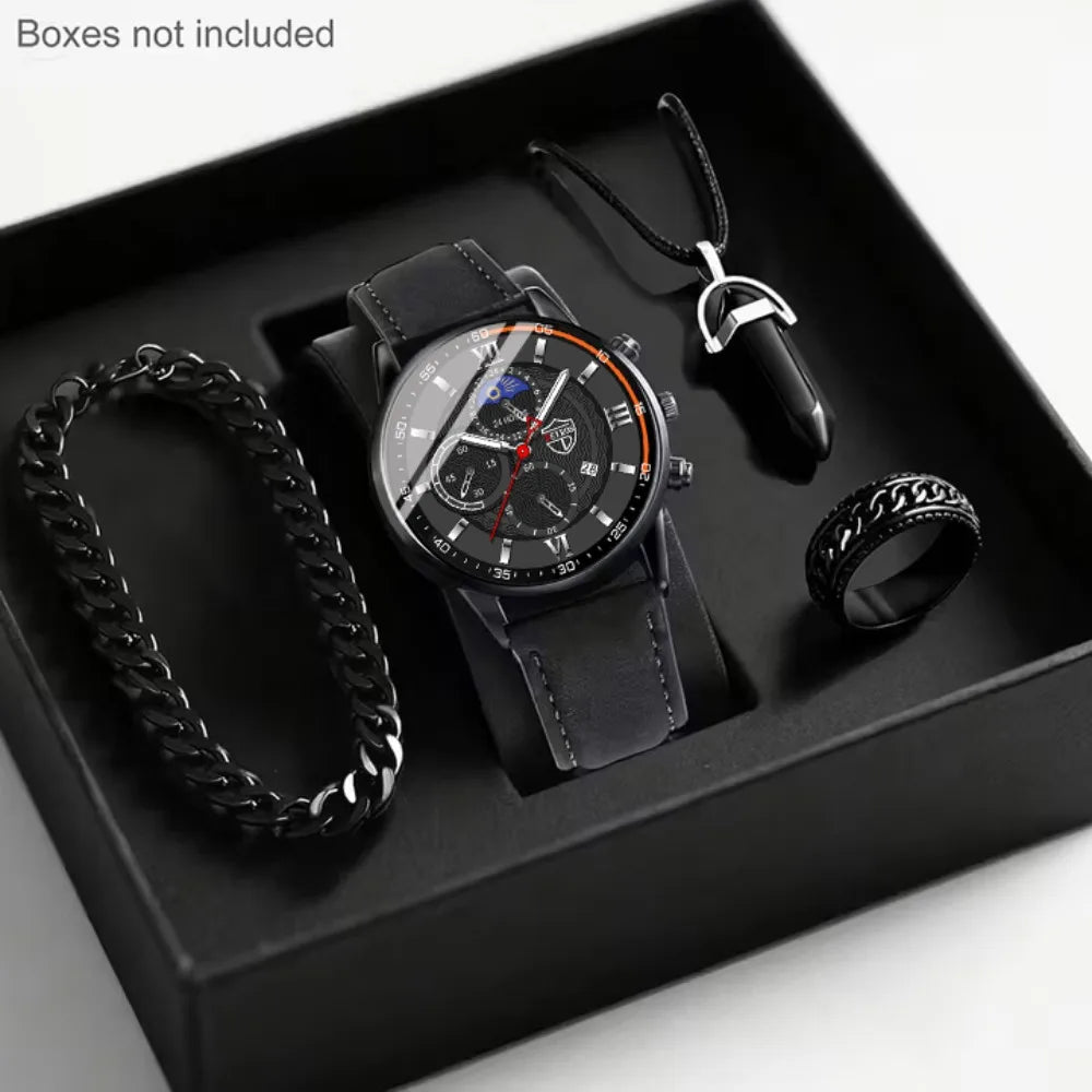4-Piece Men’s Quartz Watch Set with PU Leather Straps