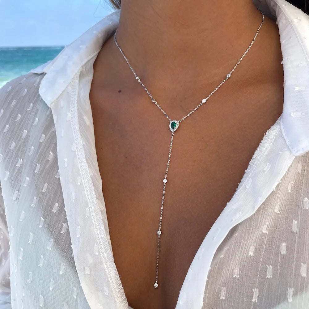 Emerald Green Teardrop Lariat Necklace Minimalist Y Drop Pendant for Women