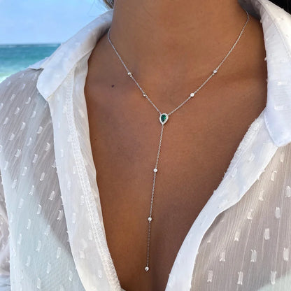 Emerald Green Teardrop Lariat Necklace Minimalist Y Drop Pendant for Women