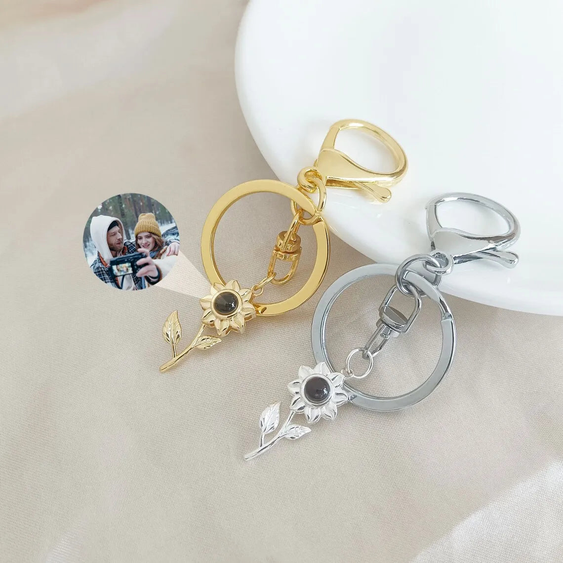 Personalized Sunflower Photo Projection Keychain