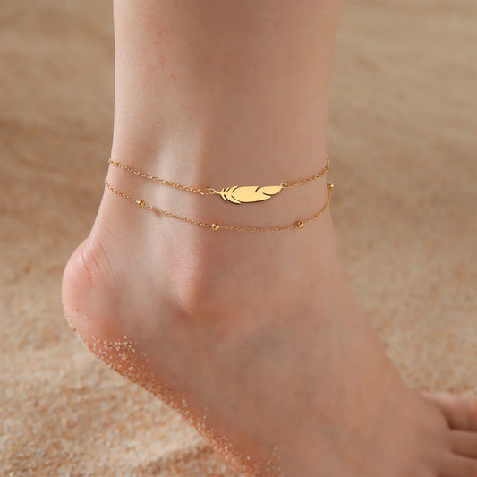 Simple Stainless Steel Feather & Red String Anklet