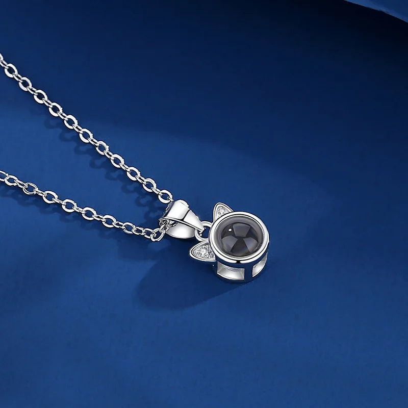 Custom Photo Projection Necklace Cat Zircon Ear Pendant