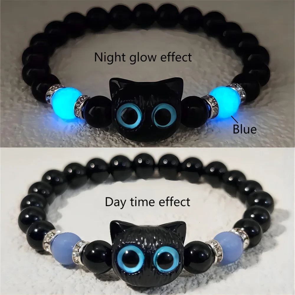 Fashion Luminous Beads Couple Bracelets with Glow-In-The-Dark Cat Charm