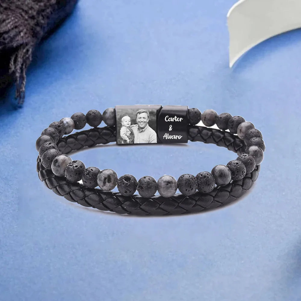 Personalize Men Photo Bracelets with Beads 2 Names
