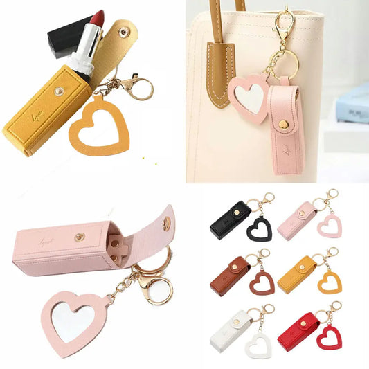 Collage of heart-shaped keychains in various colors with a beige handbag in the background.