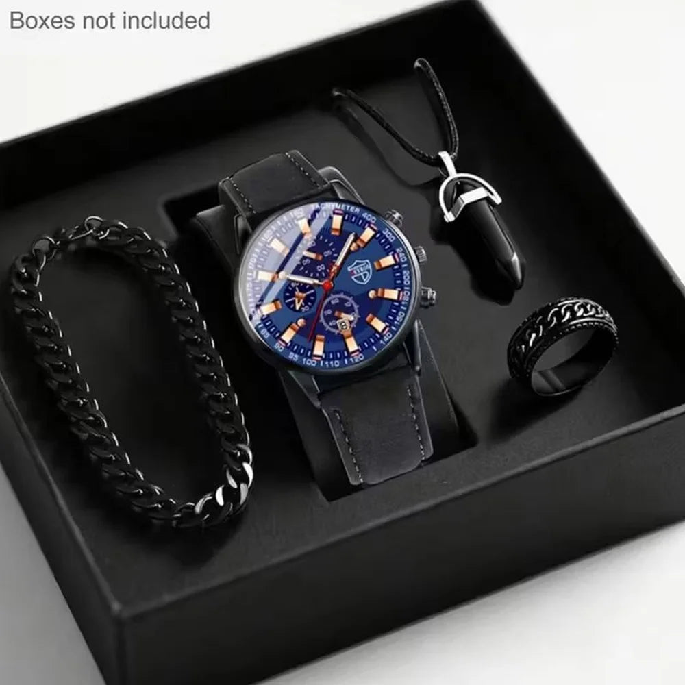 4-Piece Men’s Quartz Watch Set with PU Leather Straps