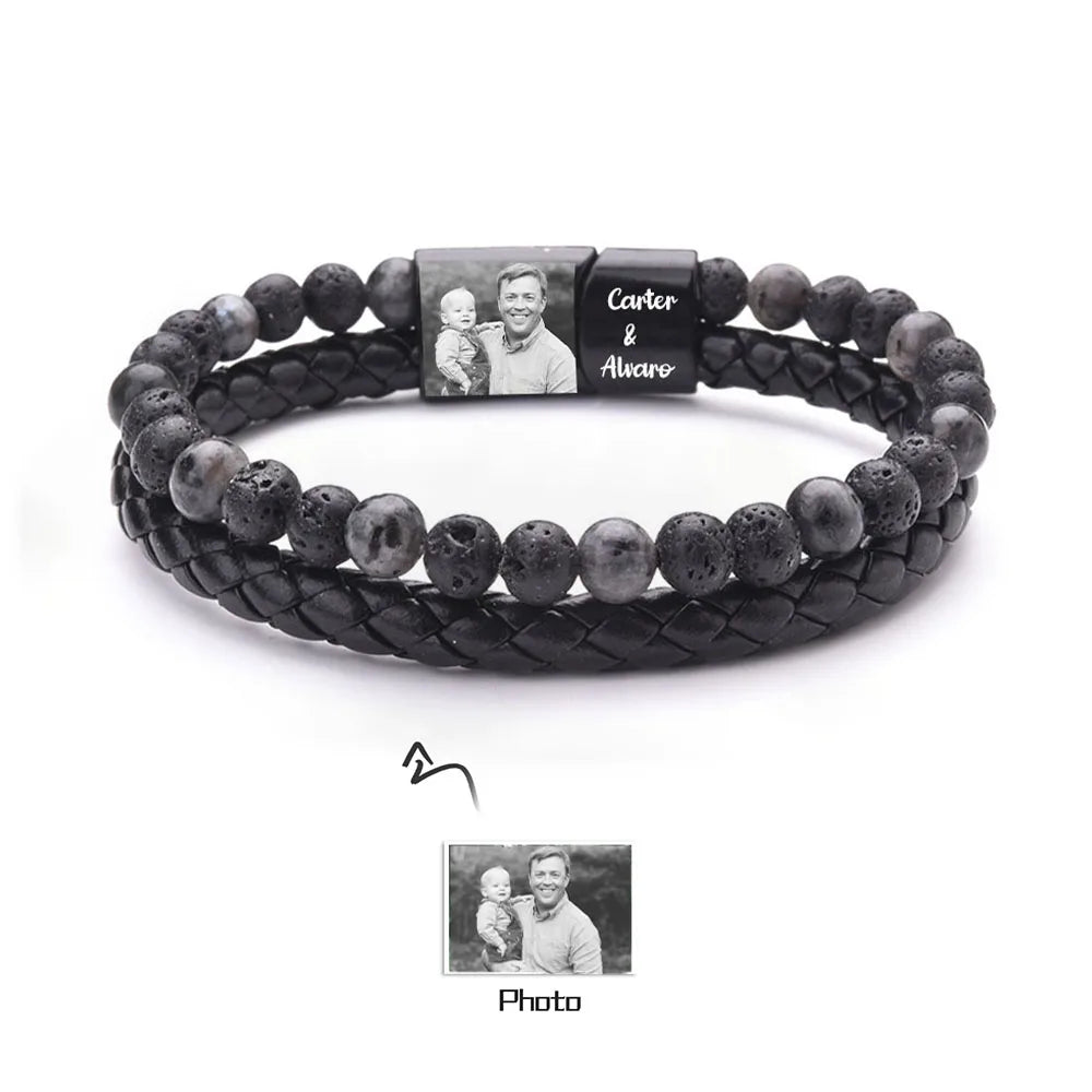 Personalize Men Photo Bracelets with Beads 2 Names