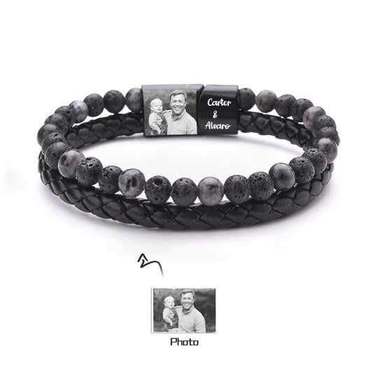 Personalize Men Photo Bracelets with Beads 2 Names