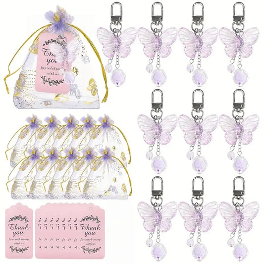 Butterfly-themed keychain set with decorative packaging and tags.