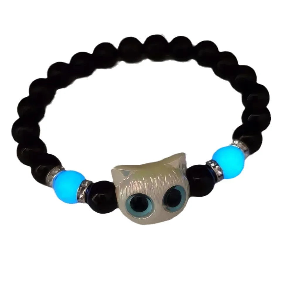 Fashion Luminous Beads Couple Bracelets with Glow-In-The-Dark Cat Charm