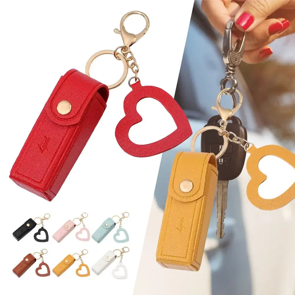Red and yellow keychain cases with heart-shaped keychains on a white background