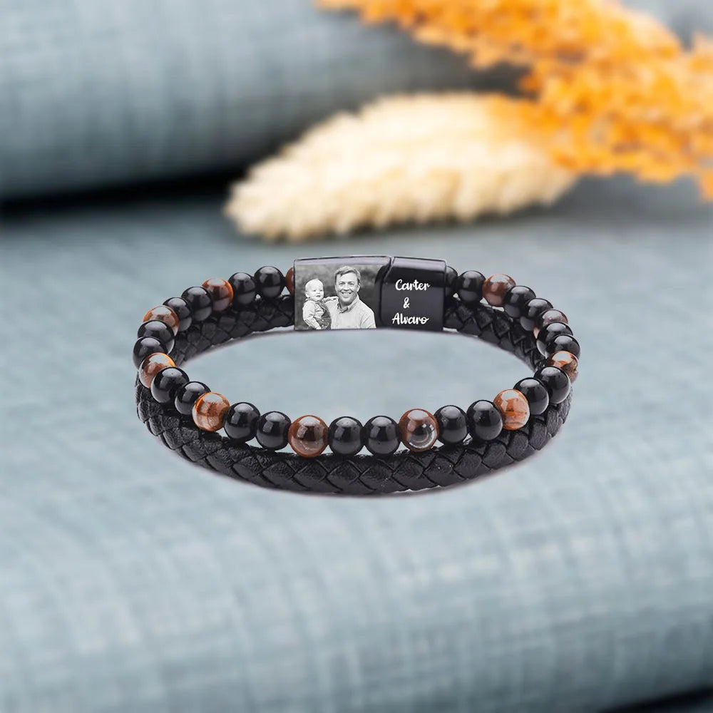 Personalize Men Photo Bracelets with Beads 2 Names