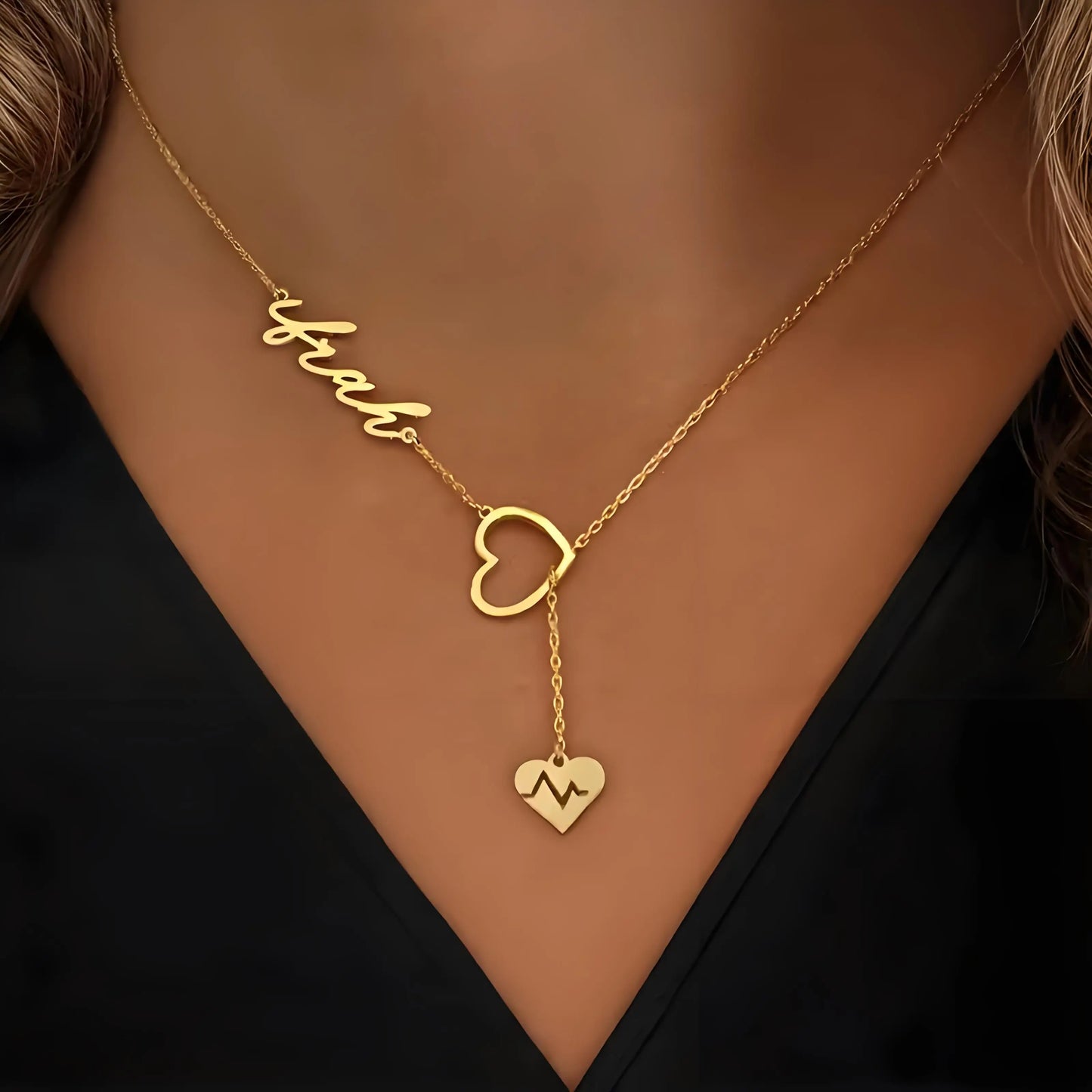 Personalized Couple Heartbeat Name Necklace – Custom Y-Shaped Chain Jewelry