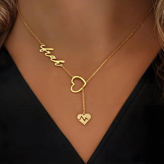 Personalized Couple Heartbeat Name Necklace – Custom Y-Shaped Chain Jewelry