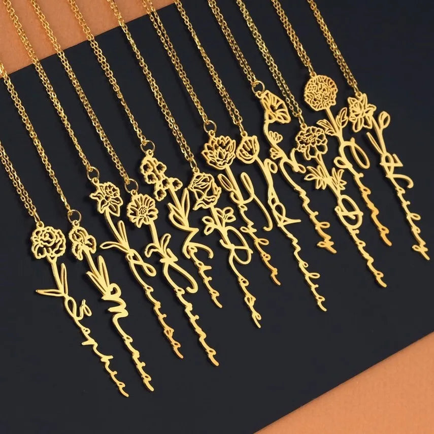 Custom Birth Flower Name Necklace – Personalized Stainless Steel Pendant
