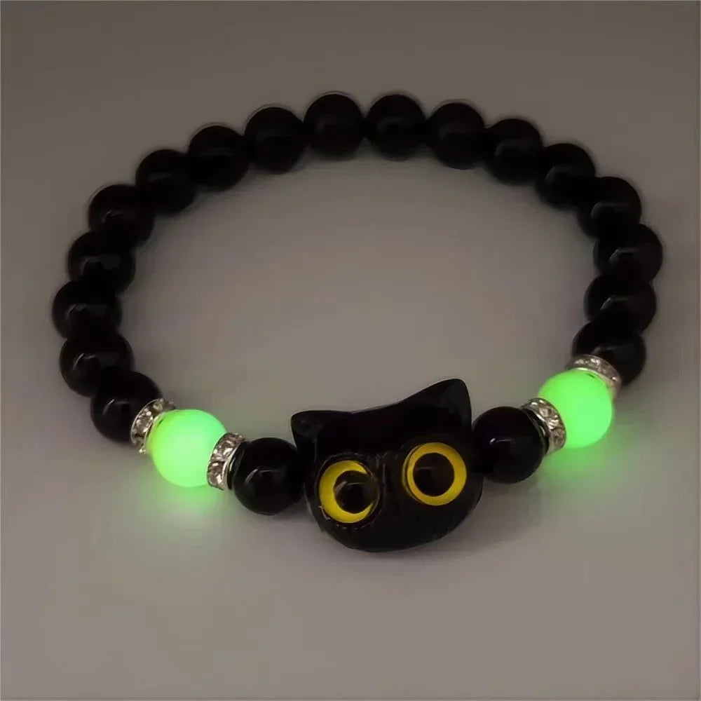 Fashion Luminous Beads Couple Bracelets with Glow-In-The-Dark Cat Charm