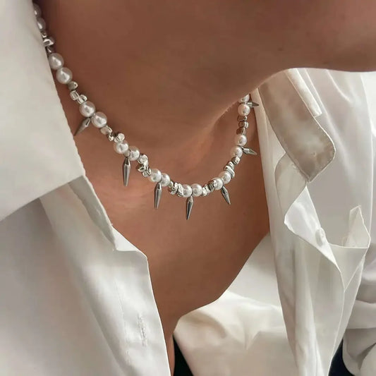 Ingemark Hip Hop Stainless Steel Imitation Pearl Choker Necklace