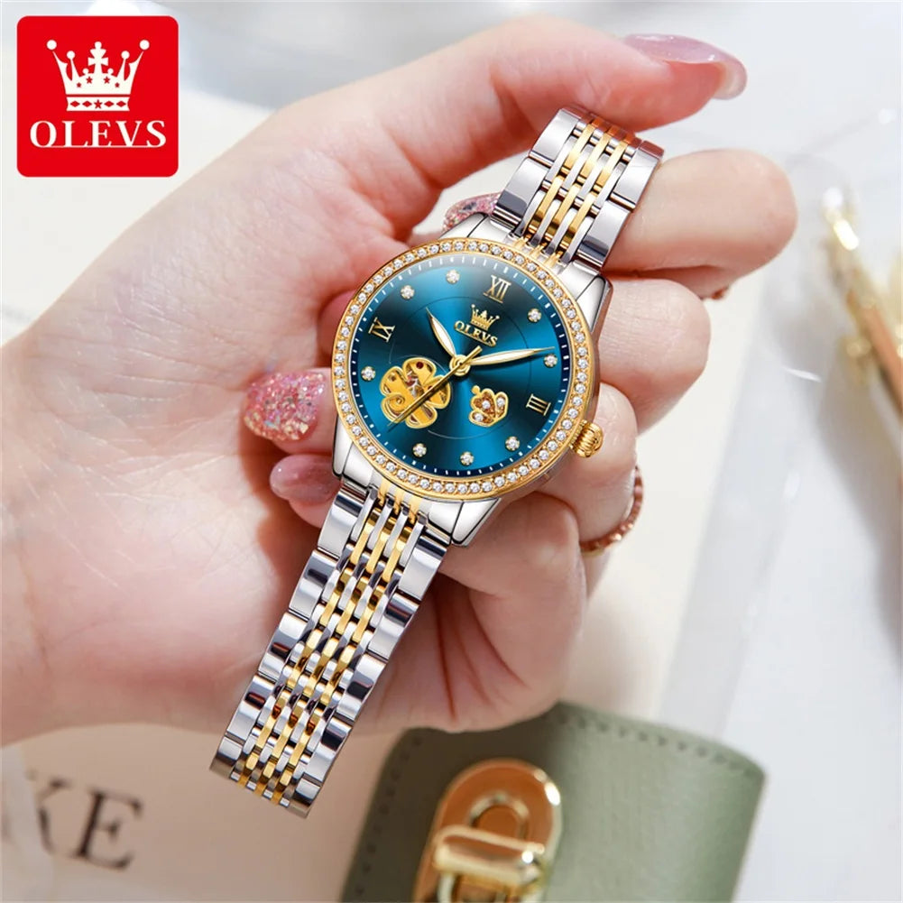 Elegant Women’s Automatic Hollow Flower Dial Watch Set