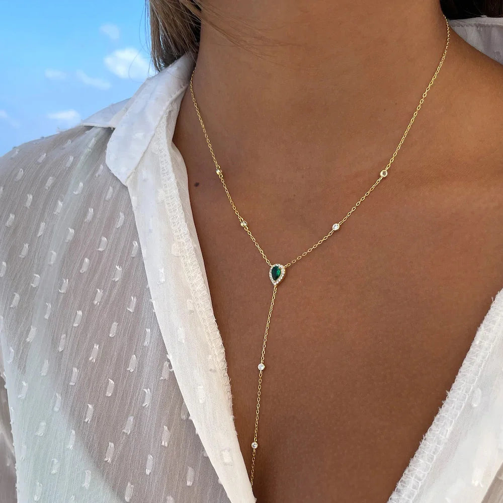 Emerald Green Teardrop Lariat Necklace Minimalist Y Drop Pendant for Women