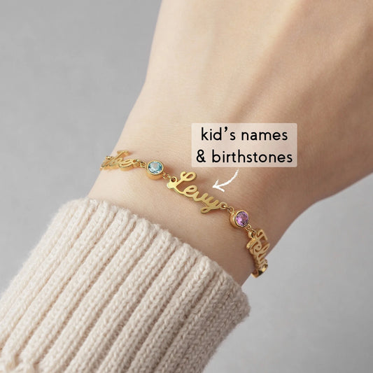 12 Months Birthstone Stainless Steel Multiple Name Bracelet