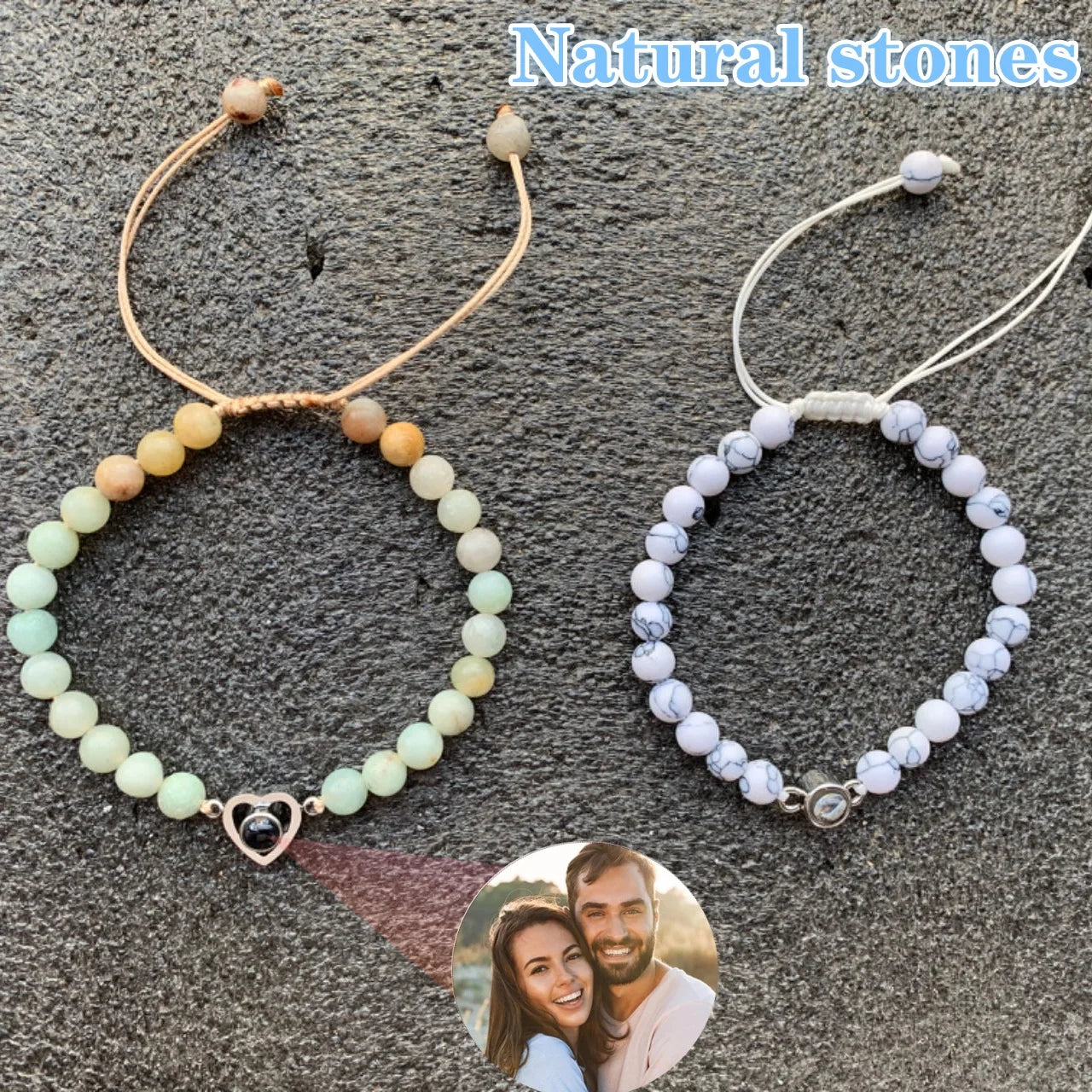 Custom Projection Photo Bracelet 6mm Natural Stone Circle Pendant