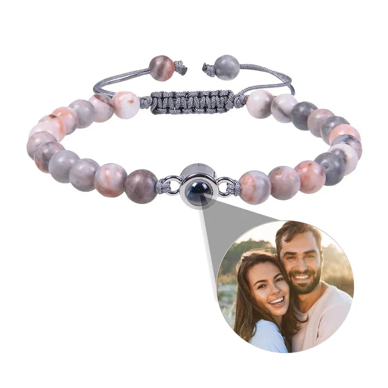 Custom Projection Photo Bracelet 6mm Natural Stone Circle Pendant
