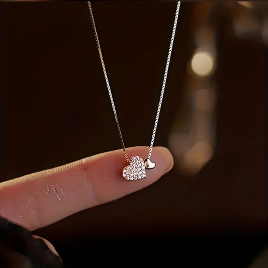 Korea Ins Shiny Inlaid Zirconia Double Love Pendant Necklace